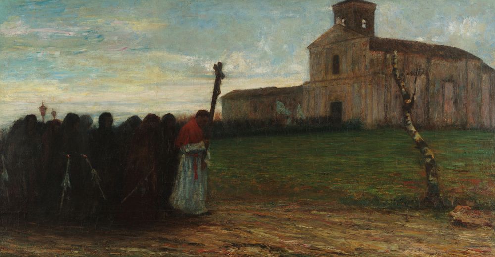 Processione a San Fermo, 1909, olio su tela, cm 104x200 - by Archimede Bresciani