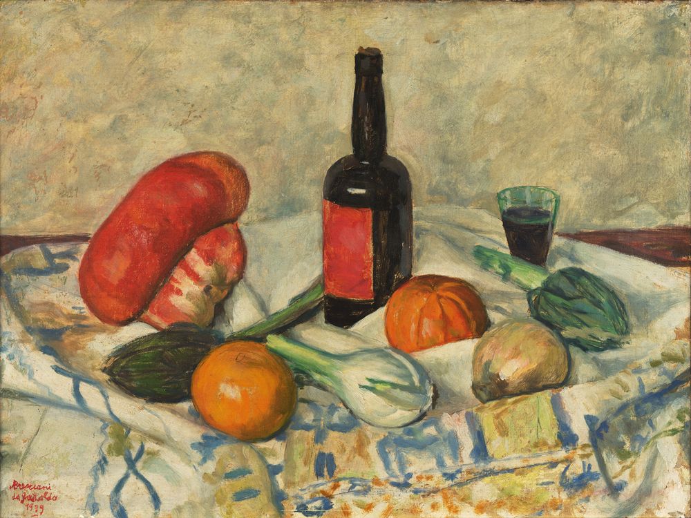 Still life with wine bottle - by Archimede Bresciani