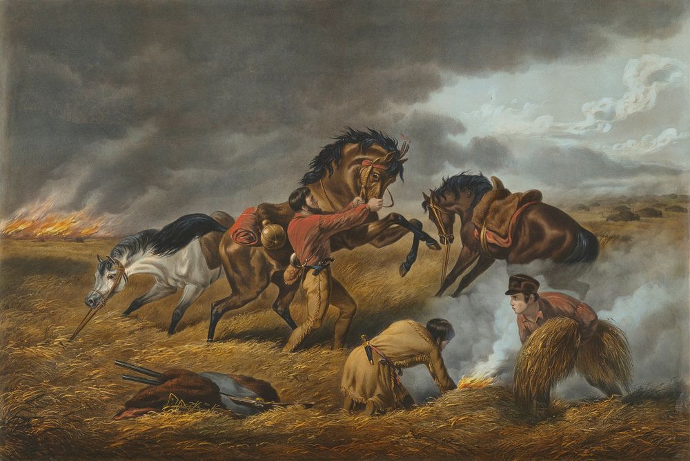 Life on the Prairie. The Trapper's Defence [sic] "Fire Fight Fire". - by Arthur Fitzwilliam Tait