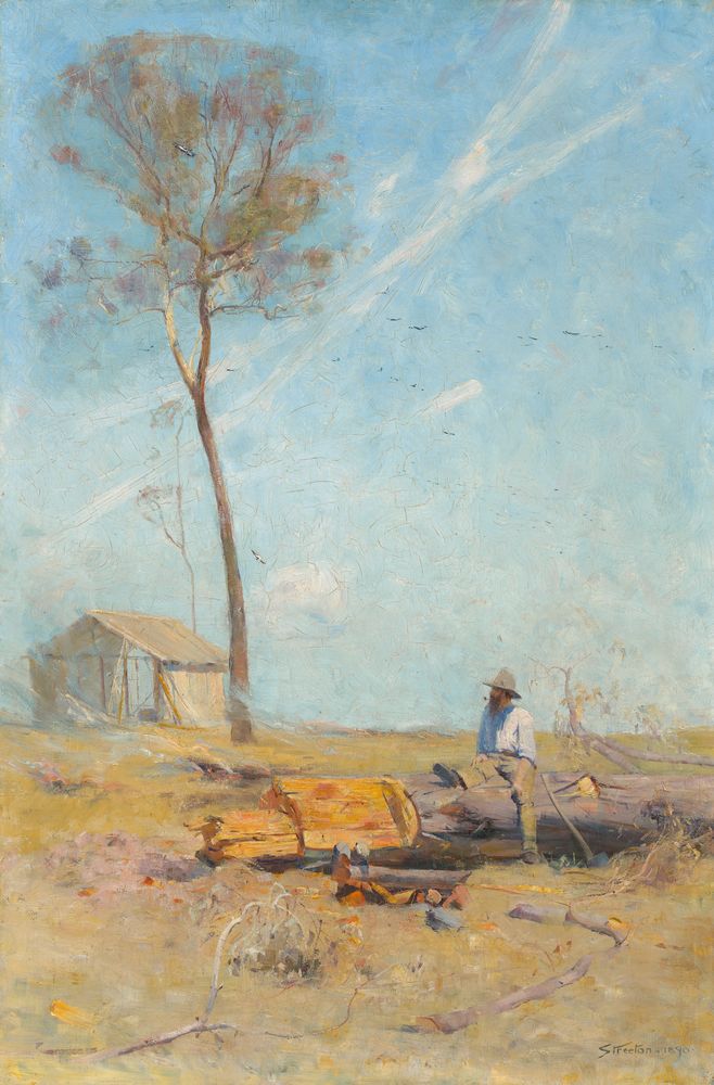 The selector's hut (Whelan on the log) - by Arthur Streeton