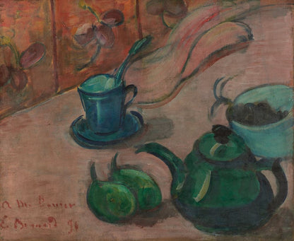 Still life with teapot, cup and fruit - by Émile Bernard