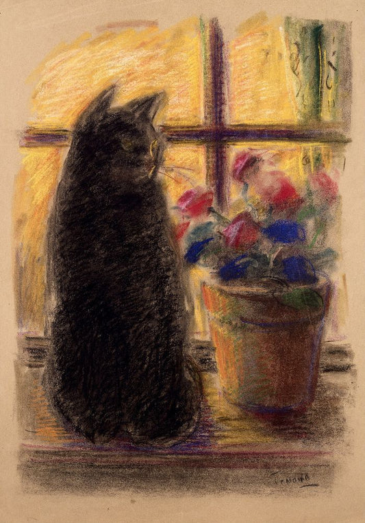 Cat and Flowers - by Yasushi Tanaka