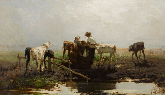 Calves at a trough - by Willem Maris