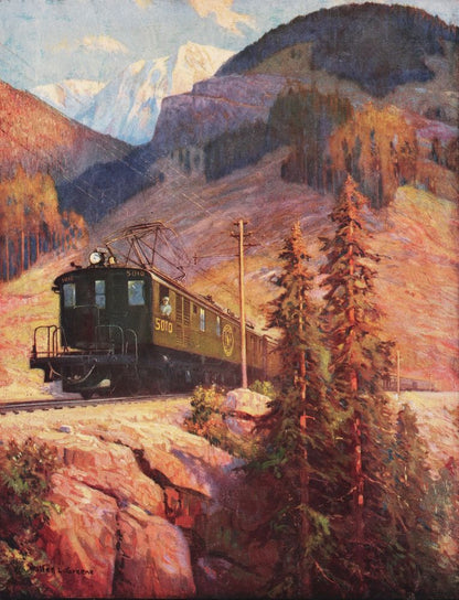 Great Northern Passenger Train in the Cascade Mountains - by Walter L. Greene