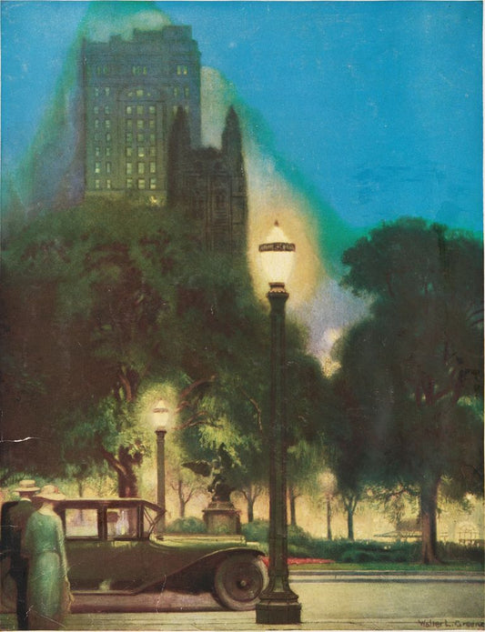 The splendor of well lighted streets - a brilliant evidence of electrical service - by Walter L. Greene