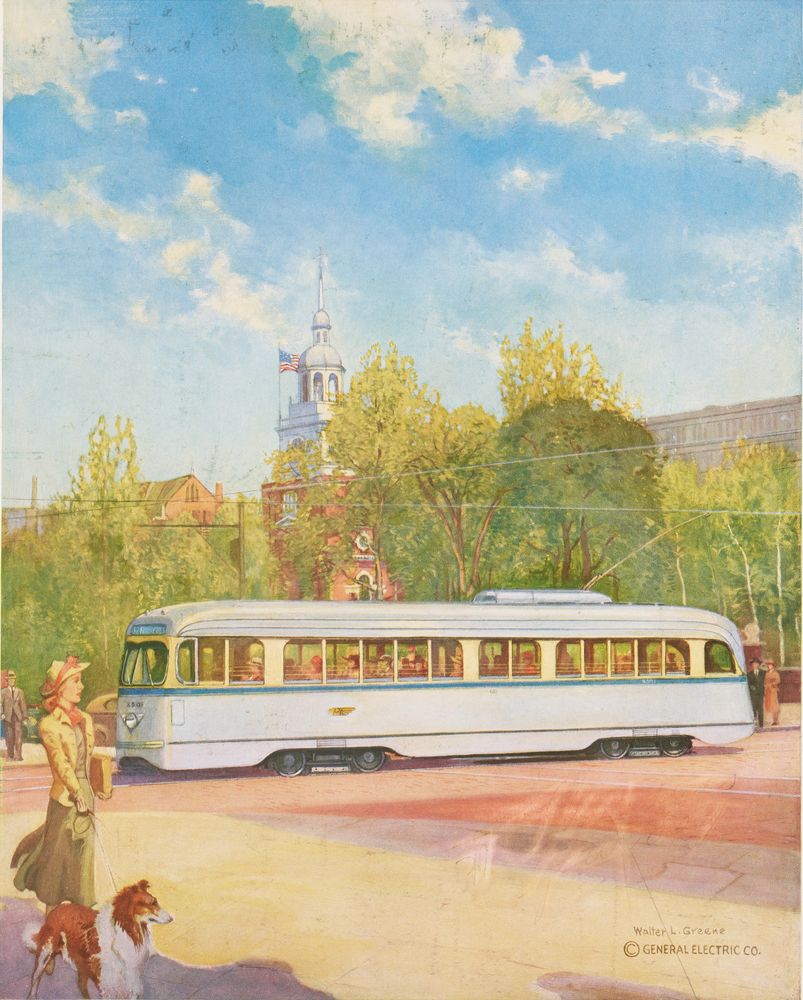 A Modern Streetcar, Triumph of Transit-Vehicle Engineering, Speeds Past Independence Hall - by Walter L. Greene