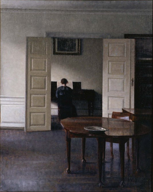 Interior with Ida Playing the Piano - by Vilhelm Hammershøi