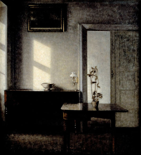 Interior with potted plant on card table, Bredgade 25 - by Vilhelm Hammershøi