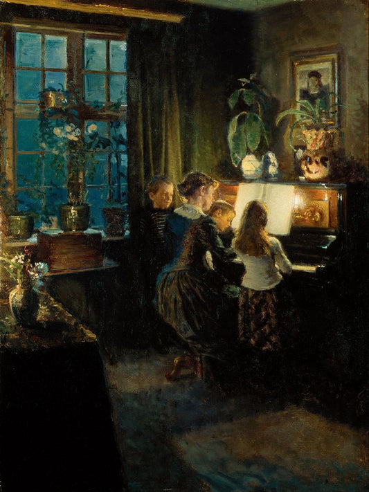 By the piano. The artist's wife and children - by Viggo Johansen