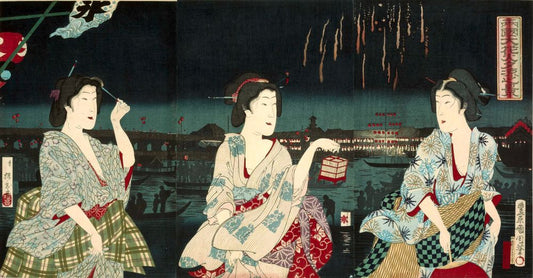 Genietend van het avondbriesje tijdens het vuurwerk te Ryogoku - by Toyohara Kunichika