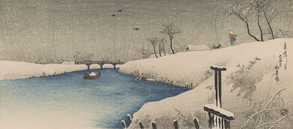 Snow at Ayase River - by Takahashi Shōtei