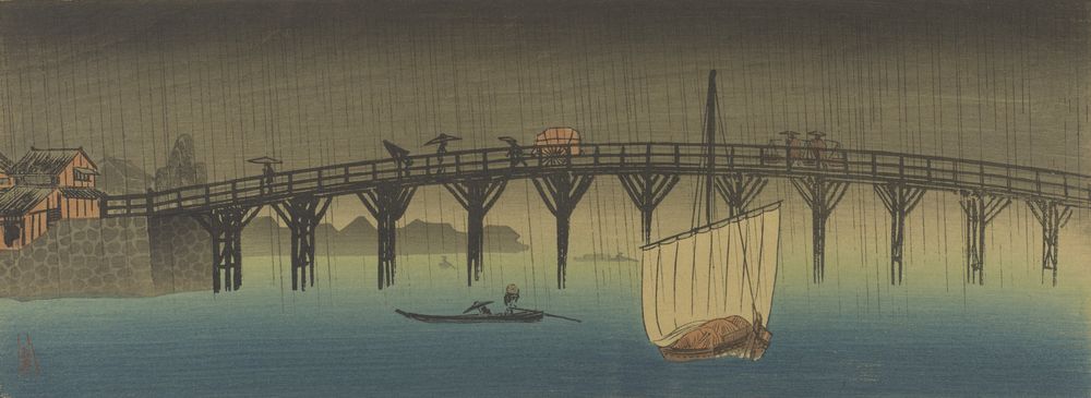 Rain over Makura Bridge - by Takahashi Shōtei