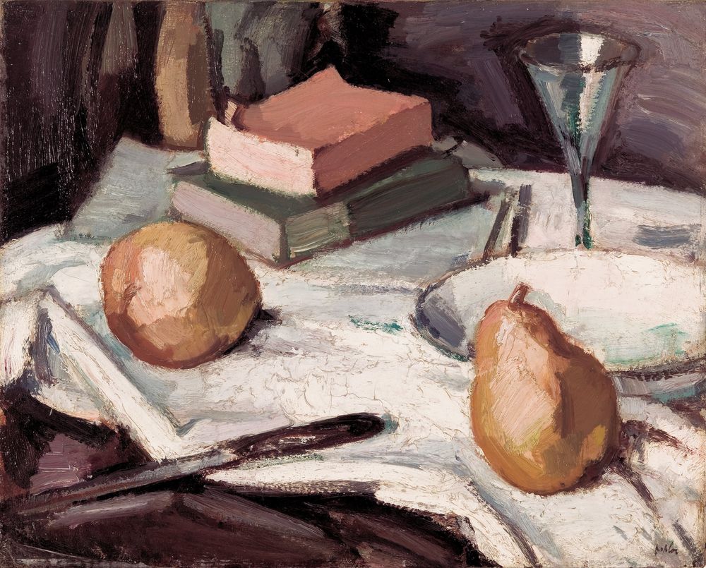 Still life with pears and wineglass - by Samuel Peploe