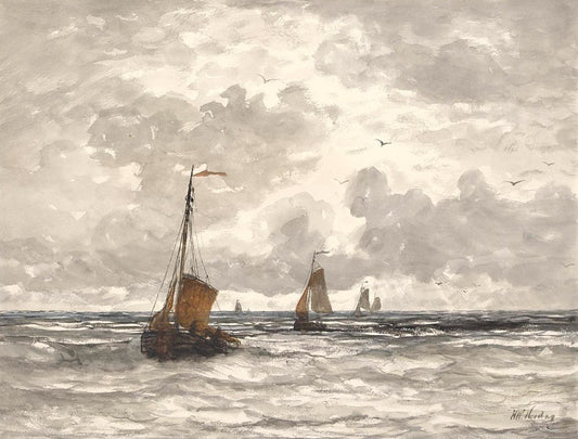 Vissersschepen in de branding - by Hendrik Willem Mesdag