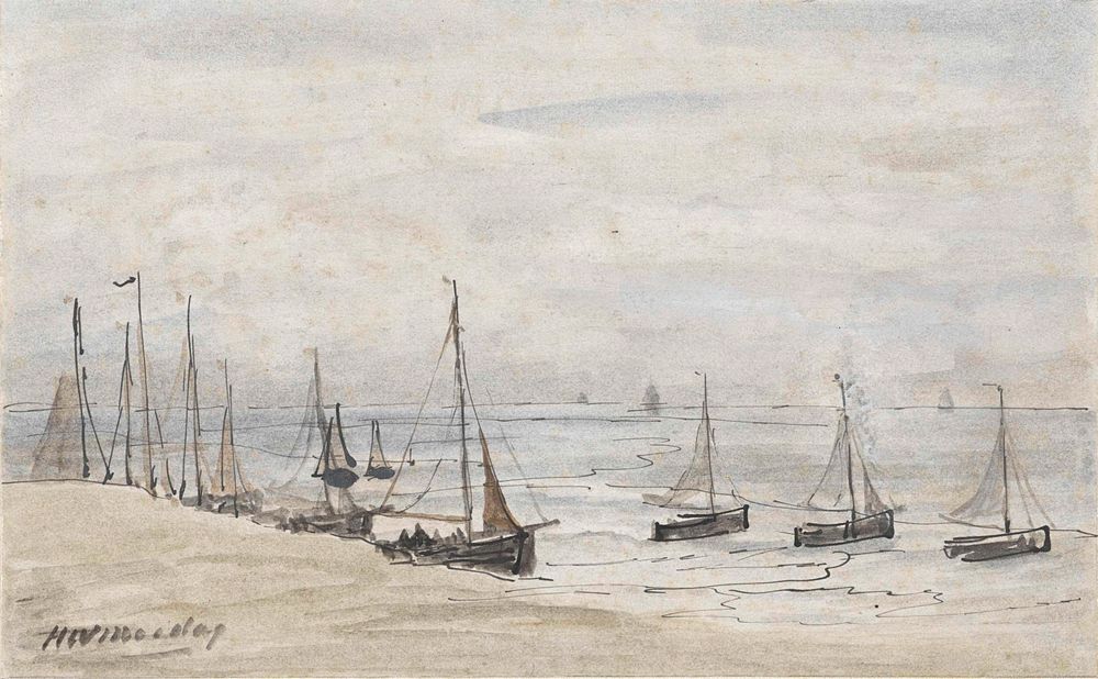 Visserspinken op het strand - by Hendrik Willem Mesdag