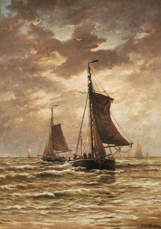 Marine Scene with Fishing Boats on a Calm Sea - by Hendrik Willem Mesdag