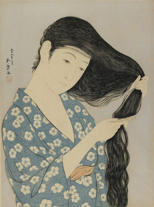 Woman combing her hair - by Goyō Hashiguchi