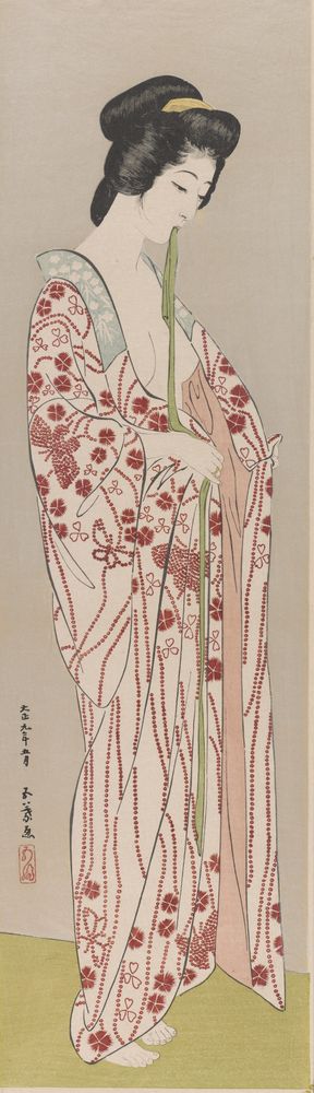 Woman Putting on an Undergarment - by Goyō Hashiguchi