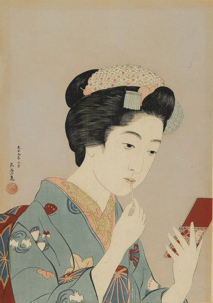 Woman Applying Lip Rouge - by Goyō Hashiguchi