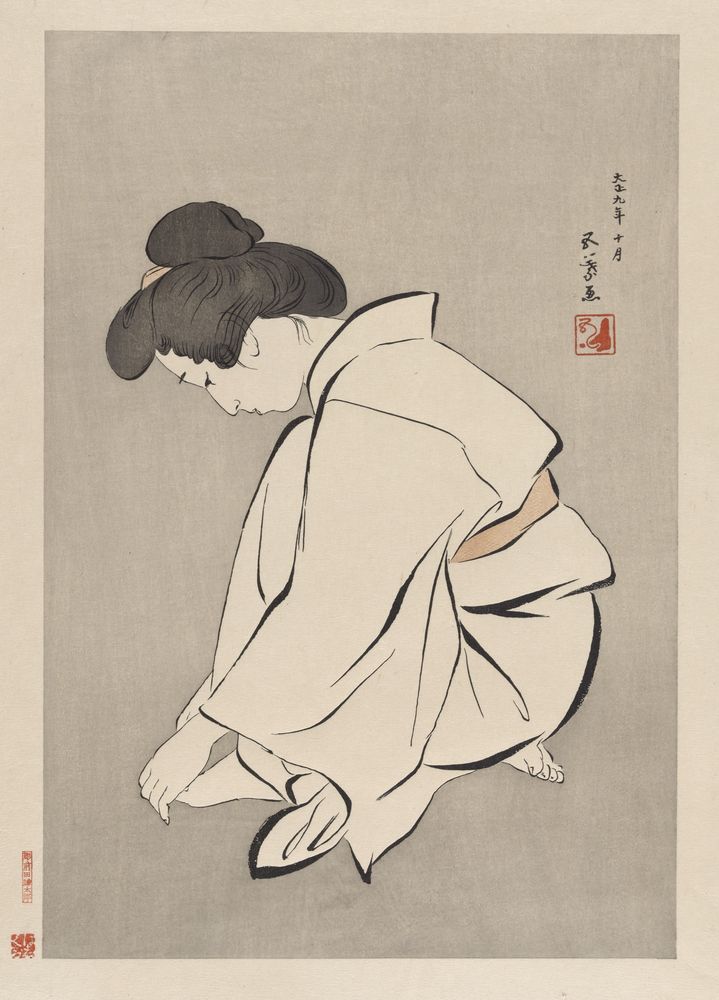 Woman cutting her toenails - by Goyō Hashiguchi