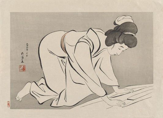 Woman folding a kimono - by Goyō Hashiguchi