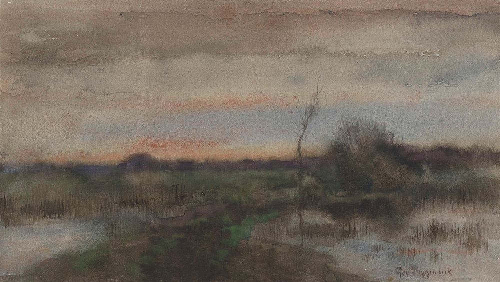 Moeraslandschap met zonsondergang - by George Poggenbeek