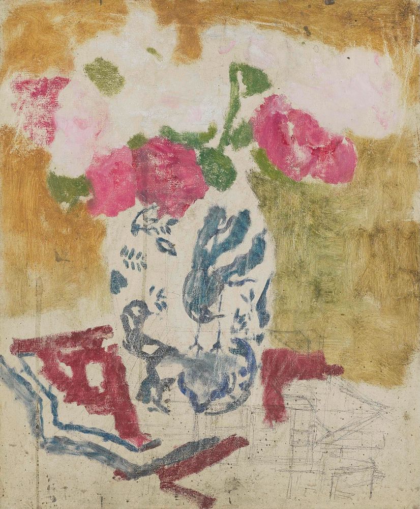 Vaas met rose bloemen - by George Hendrik Breitner