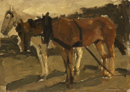 Een bruin en een wit paard te Scheveningen - by George Hendrik Breitner