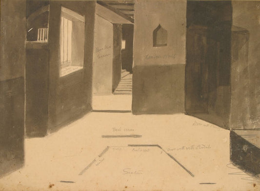 Plan of a stage, probably Rabindranath's play, Dakghar - by Gaganendranath Tagore