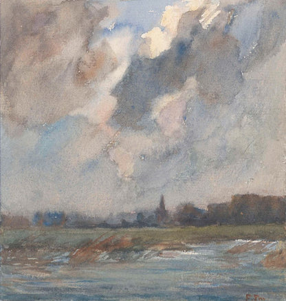 Rivierlandschap met kerktoren, bij storm - by Frans Smissaert