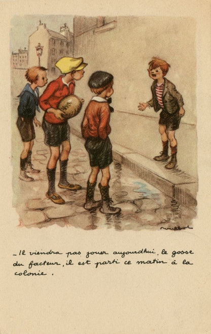 The postman's kid won't come to play today, he left this morning for the summer camp. - by Francisque Poulbot