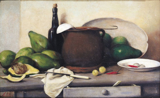 Still life with avocadoes and utensils - by Francisco Oller