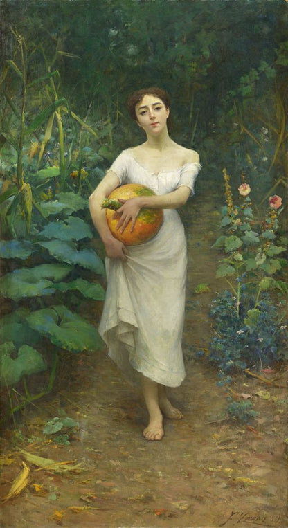 Young Girl Carrying a Pumpkin - by Fausto Zonaro