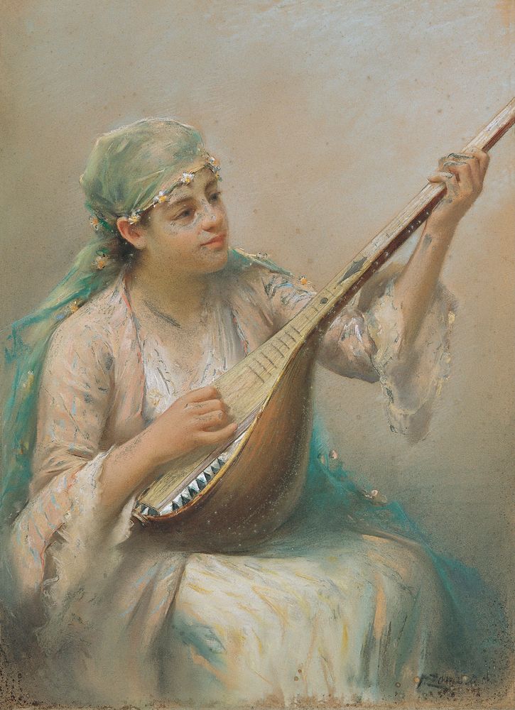 Woman Playing a String Instrument - by Fausto Zonaro