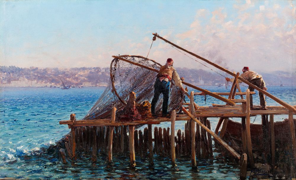 Fishermen Bringing in the Catch - by Fausto Zonaro