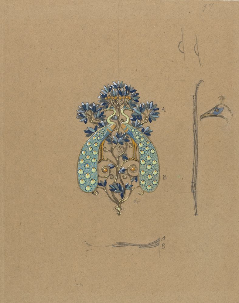 Design for a Belt Buckle with Peacock Motif - by Eugène Grasset