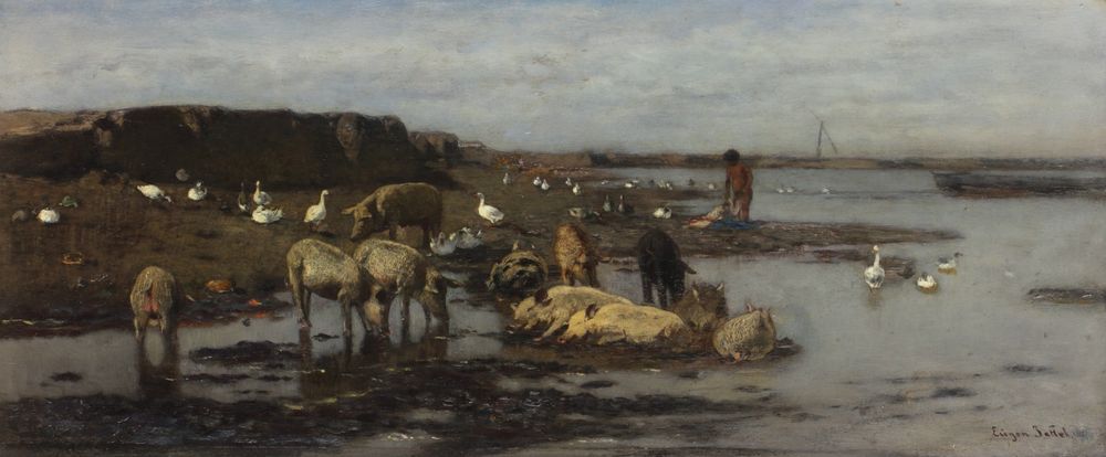 Landscape by river Vah with a bathing boy, pigs and gooses - by Eugen Jettel