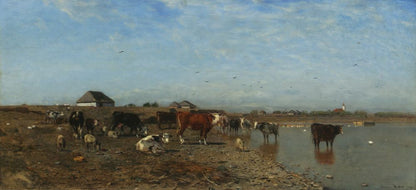 Landscape by the river Vah with cows - by Eugen Jettel