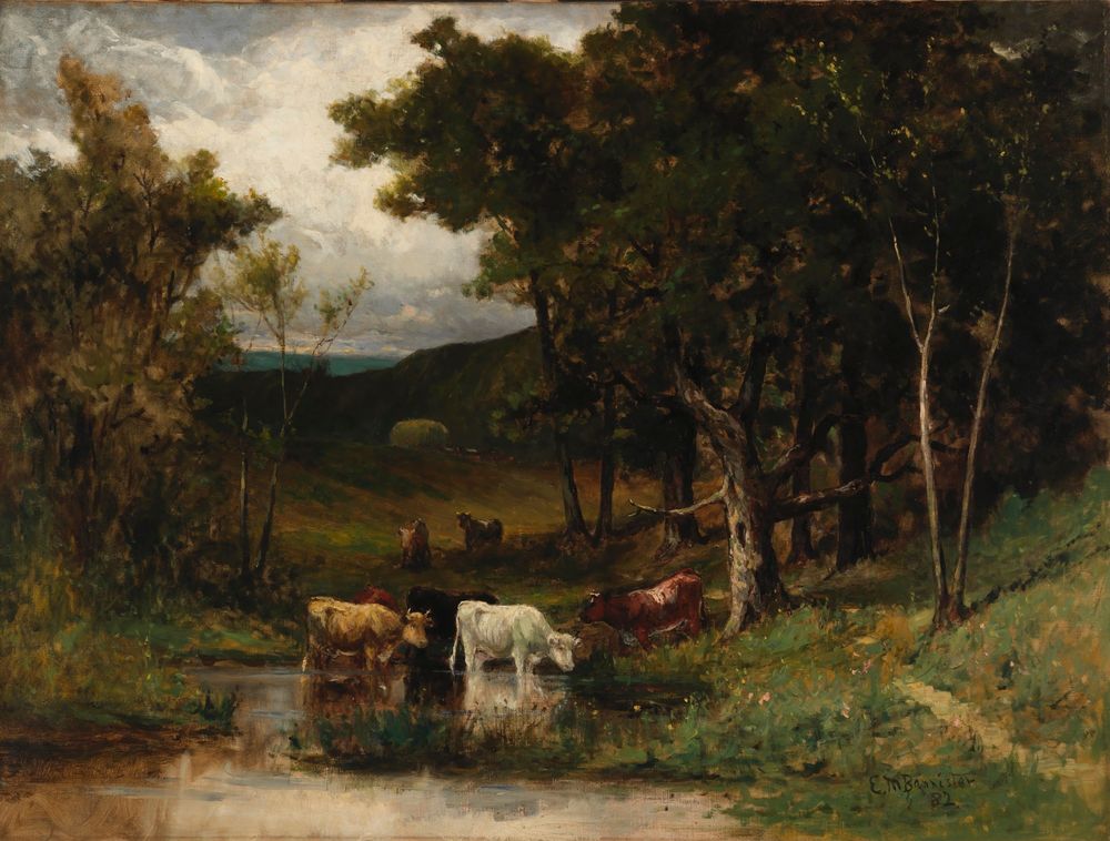 Untitled (landscape with cows in stream near trees) - by Edward Mitchell Bannister