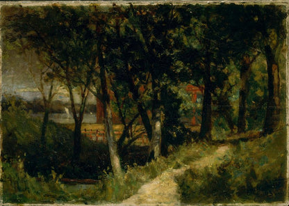 Untitled (landscape, forest scene with red fence and building) - by Edward Mitchell Bannister