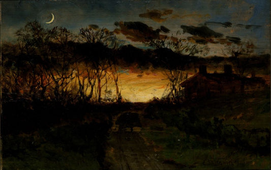 Untitled (sunset with quarter moon and farmhouse) - by Edward Mitchell Bannister