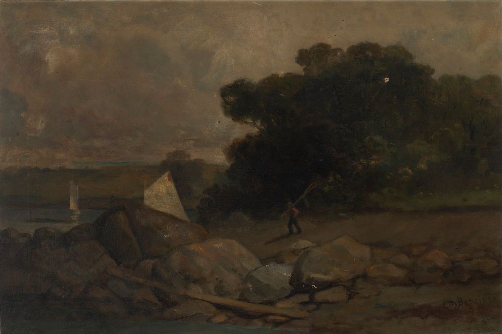 Untitled (landscape with rocks, man and sailboats) - by Edward Mitchell Bannister