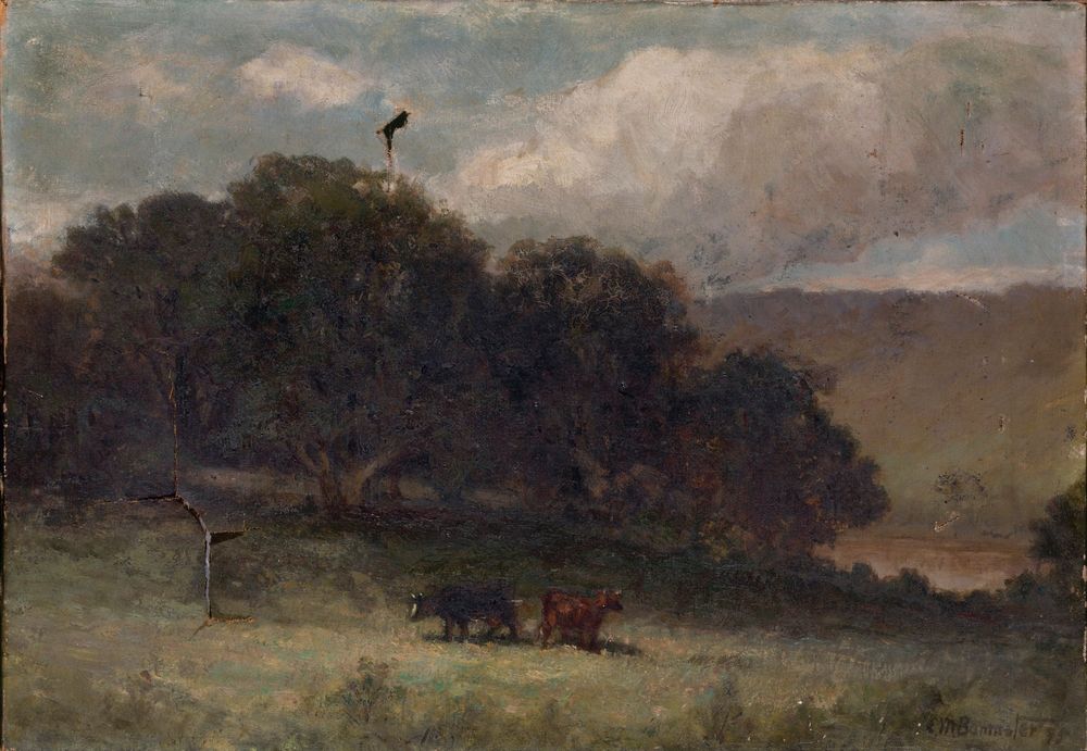 Untitled (landscape with trees and two cows in meadow) - by Edward Mitchell Bannister