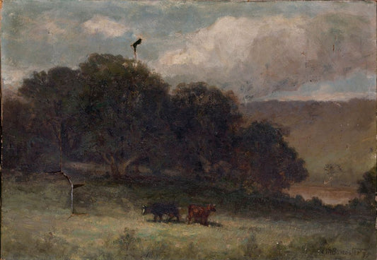 Untitled (landscape with trees and two cows in meadow) - by Edward Mitchell Bannister