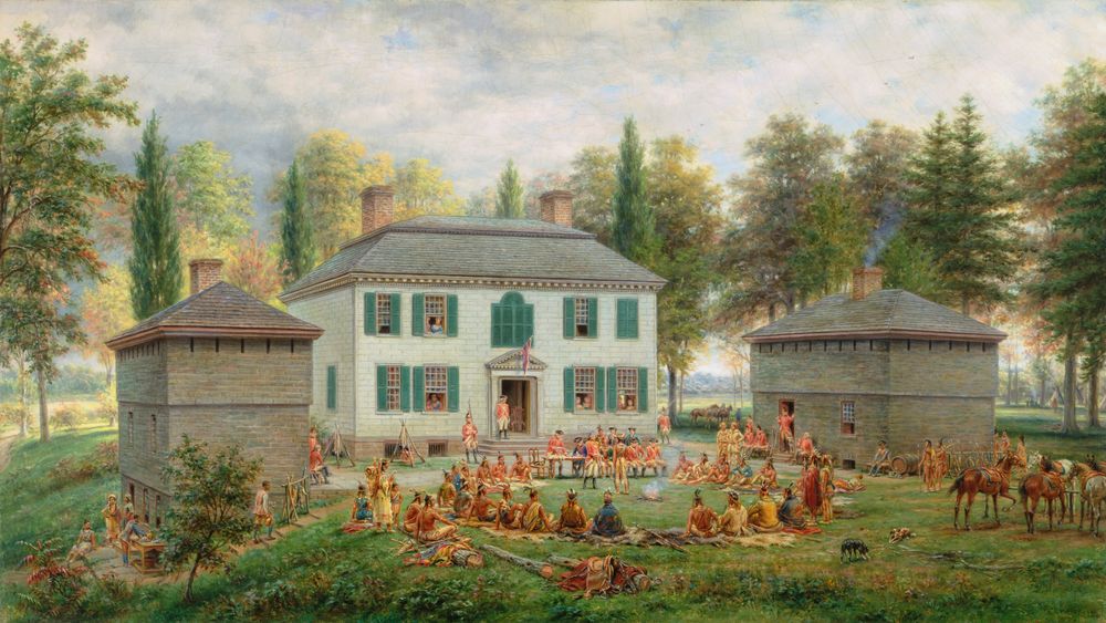 Johnson Hall (Sir William Johnson Presenting Medals to the Indian Chiefs of the Six Nations at Johnstown, NY, 1772) - by Edward Lamson Henry