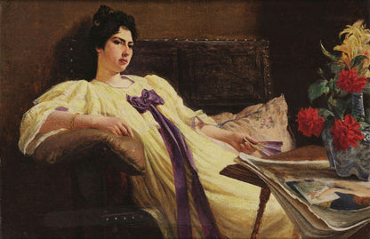 Retrato de mulher: desabillé amarelo, laço roxo - by Rodolfo Amoedo