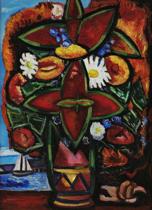 Red Flowers and Sailboat - by Marsden Hartley