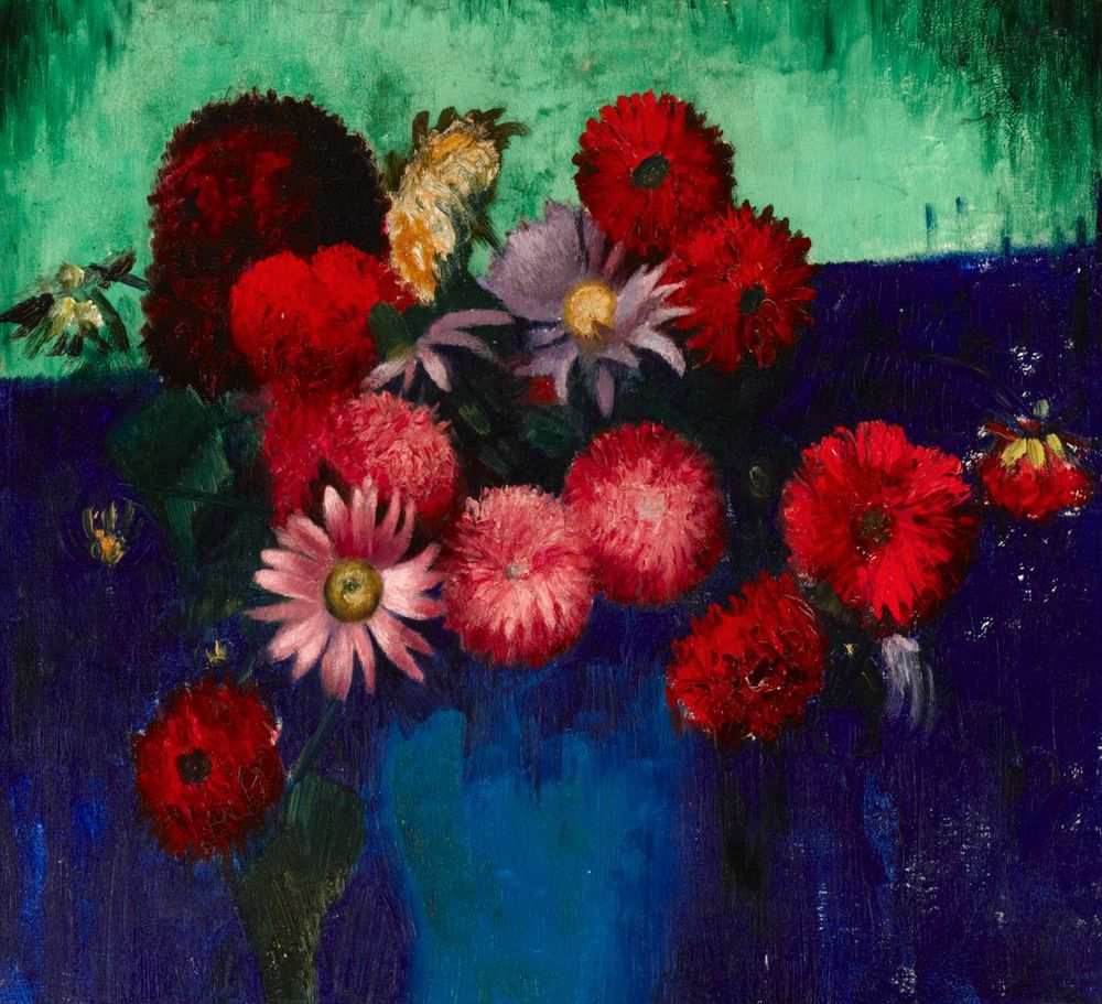 Still Life, Dahlias and Daisies in a Blue Vase - by Mark Gertler