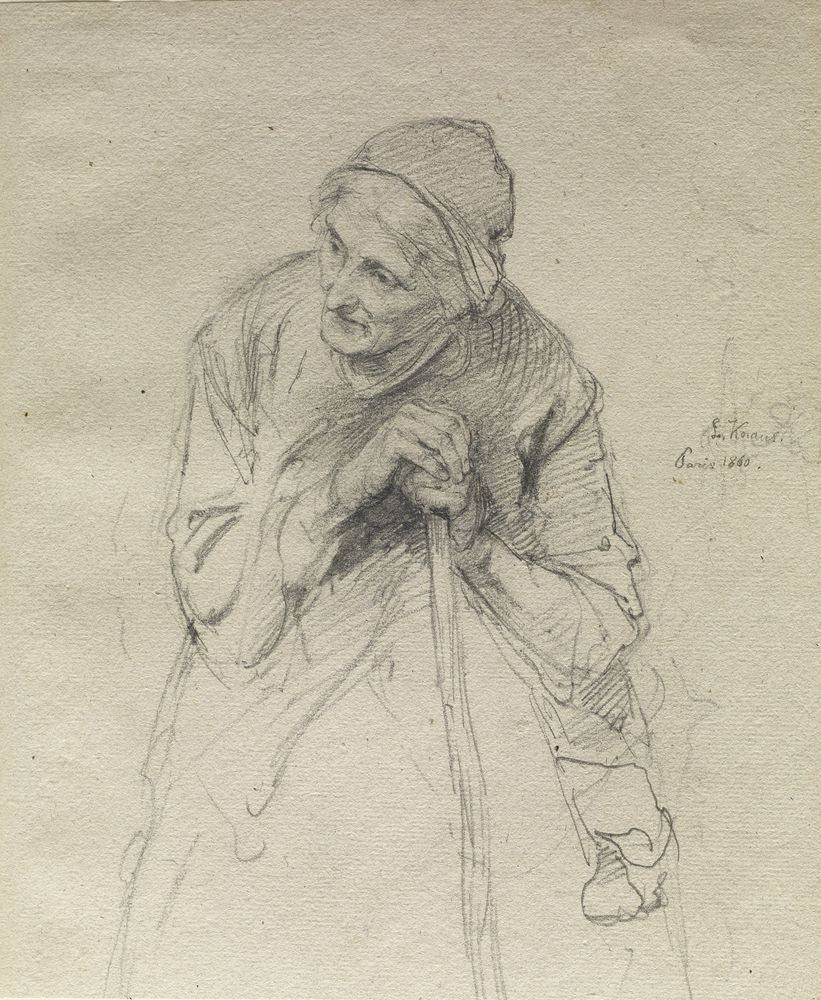 Old Woman Leaning on a Stick - by Ludwig Knaus