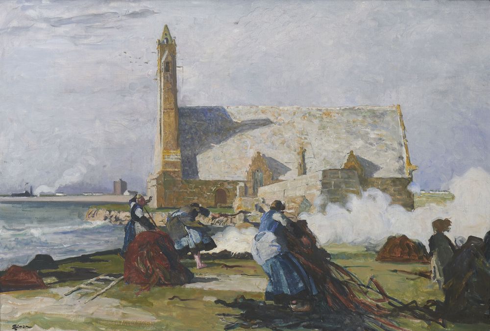 Le Brûlage du goémon devant la chapelle Notre-Dame-de-la-Joie à Penmarc’h - by Lucien Simon